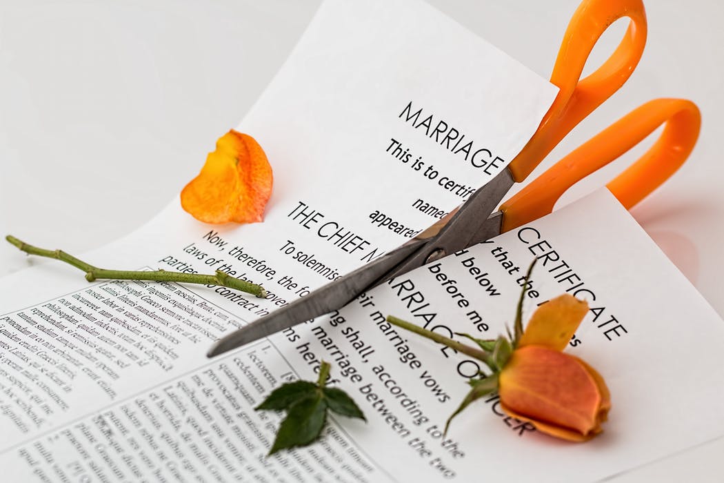marriage certificate being cut in half